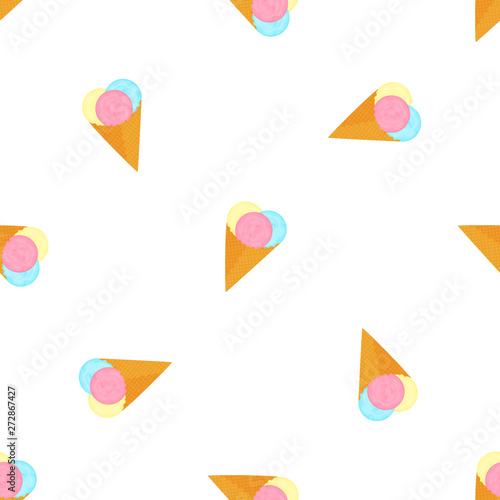 Ice cream balls in a waffle cone. Summer seamless pattern. Used for design surfaces, fabrics, textiles, packaging paper, wallpaper