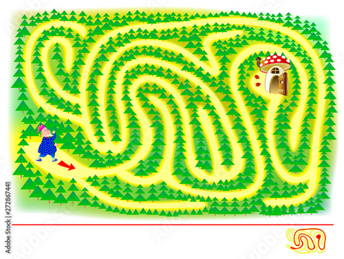 Logical puzzle game with labyrinth for children and adults. The cute gnome got lost. Help him find the way till his forest house. Printable worksheet for kids brainteaser book. Vector cartoon image.