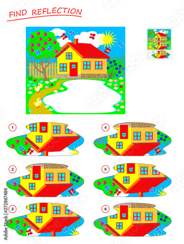 Logic puzzle game for kids. Need to find correct reflection in the lake and draw it. Printable page for brainteaser book. Developing children spatial thinking. Vector cartoon image.