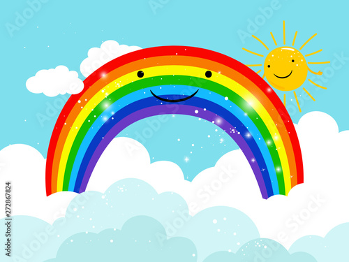 Rainbow in sky. Cartoon smiling rainbow in clouds with bright sun vector illustration