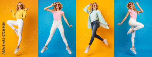 Panorama Collage. Woman Having Fun On Colourful Backgrounds