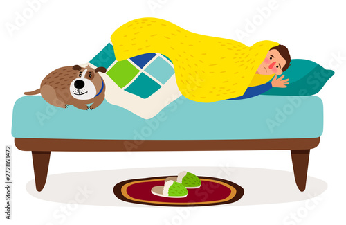 Sad man and his dog. Sick boy vector illustration