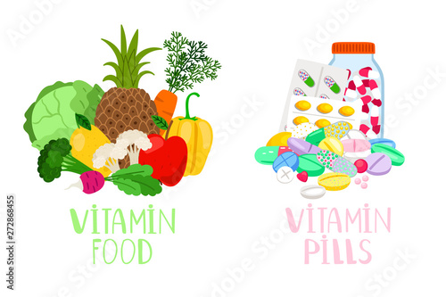 Vitamin food and pills. Vegetables and fruits with micronutrients and healthy food supplements and diet medicine tablets vector illustration