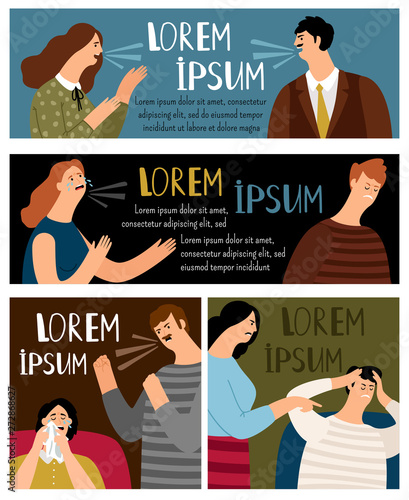 Couple quarrel. Angry wife and unhappy husband family, abusive man and accused sad woman conflict, troubled cartoon spouses, vector illustration