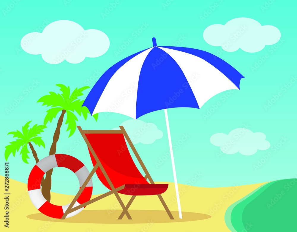Summer landscape in flat style. Vector illustration with palms.deckchair, umbrella, life buoy, ocean and clouds. 