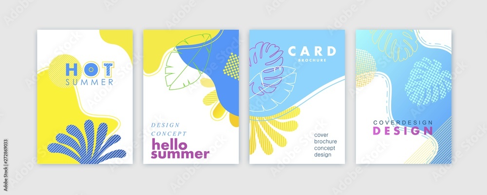Set of card, brochure, annual report,  cover design templates with exotic palm leaves. Summer modern colorful design. Vector illustration.