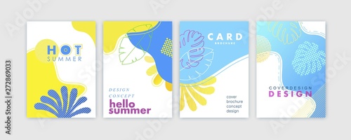 Set of card, brochure, annual report, cover design templates with exotic palm leaves. Summer modern colorful design. Vector illustration.