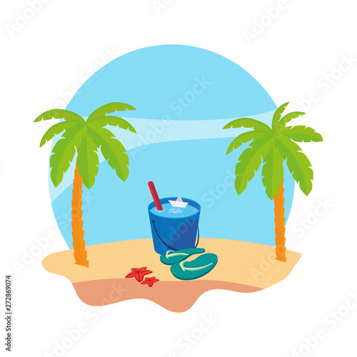 summer beach with palms and water bucket scene © djvstock