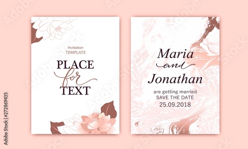 Set of elegant cards with pink, blush peonies. White and rose gold marble texture. Wedding, save the date design.