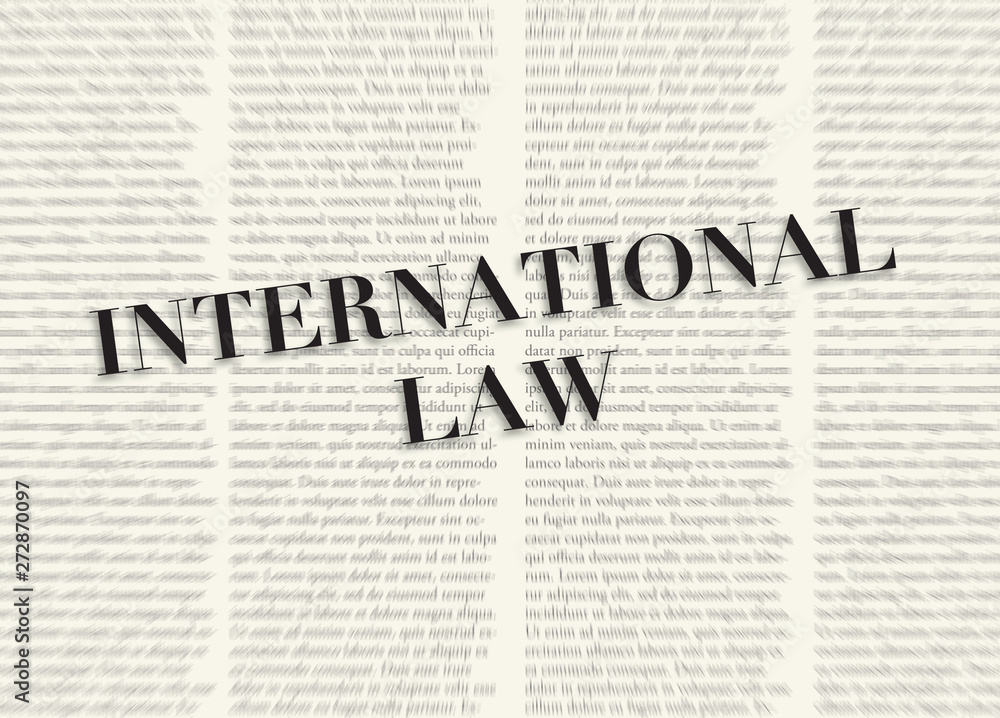 Fototapeta premium The word INTERNATIONAL LAW written and highlighted in front of blurred text columns on background of light yellow color