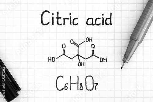 Handwriting Chemical formula of Citric Acid with black pen.