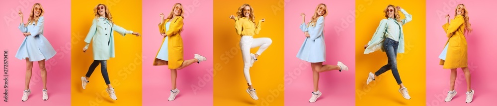 Casual Woman Jumping And Having Fun Against Colorful Backgrounds - obrazy, fototapety, plakaty 
