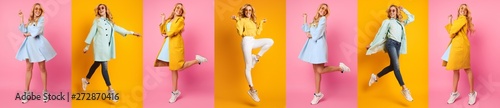 Casual Woman Jumping And Having Fun Against Colorful Backgrounds