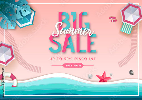 Big summer sale top view poster with beach landscape and sea waves. Cut out paper style design