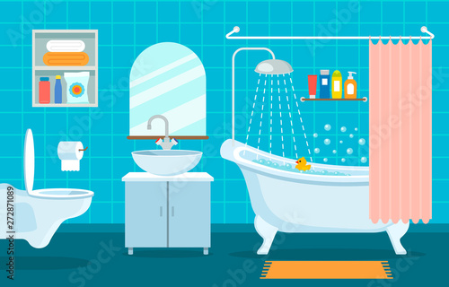 modern interior of bathroom and toilet. Hanging toilet, sink and bathroom with shower symbols of cleanliness . vector illustration photo