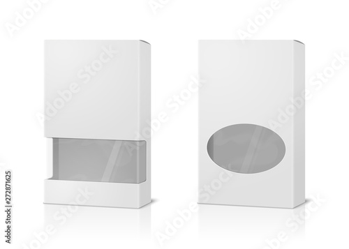 Vector realistic 3d tall paper boxes, blank and with transparent windows isolated on white background.  Mock-up for product package branding.