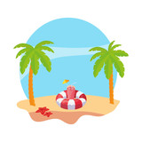 summer beach with palms and lifeguard float scene