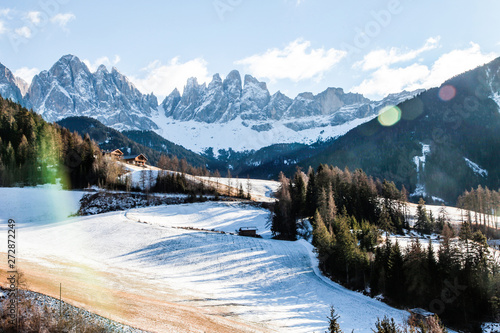 Famous place of the world, Santa Maddalena village with magical Dolomites mountains in background