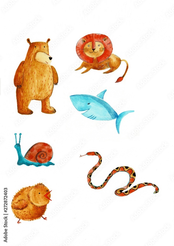 Naklejka premium Watercolor illustration with a set of animals