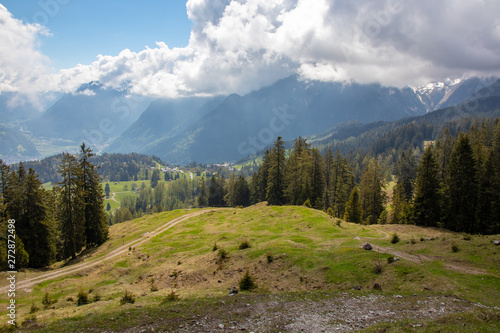 Panorama of an alpine landscape with high mountains  green meadows and trees in spring with snow in Austrian Alps