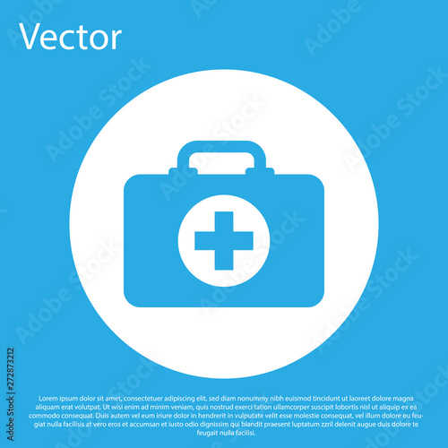 Blue First aid kit icon isolated on blue background. Medical box with cross. Medical equipment for emergency. Healthcare concept. White circle button. Flat design. Vector Illustration