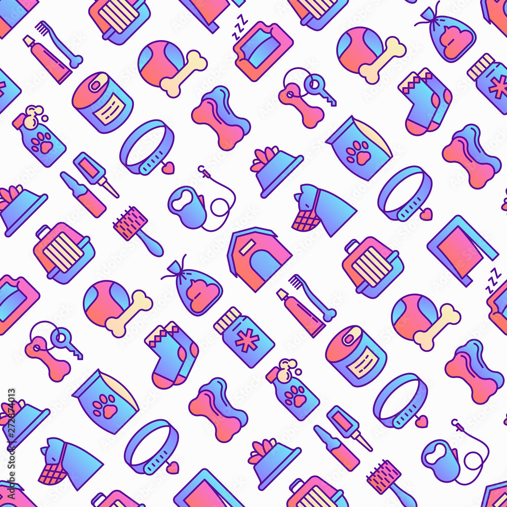 Dog shop seamless pattern with thin line icons: bags for transportation, feeders, toys, doors, dental hygiene, muzzle, snacks, hygienic bags, collar, haircare. Vector illustration for packaging.