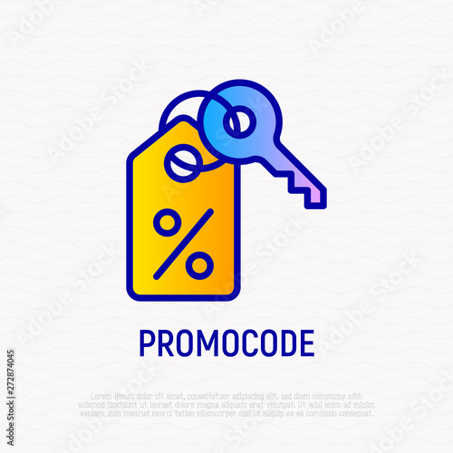 Promo code thin line icon: percent sign on label with key. Modern vector illustration for discount.