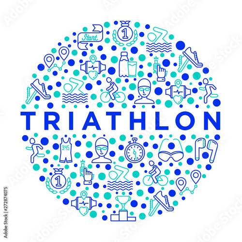 Triathlon concept in circle with thin line icons: runner, swimmer, cycling race, stopwatch, starting, gun, sport glasses, start, victory, success. Modern vector illustration for sport web site.