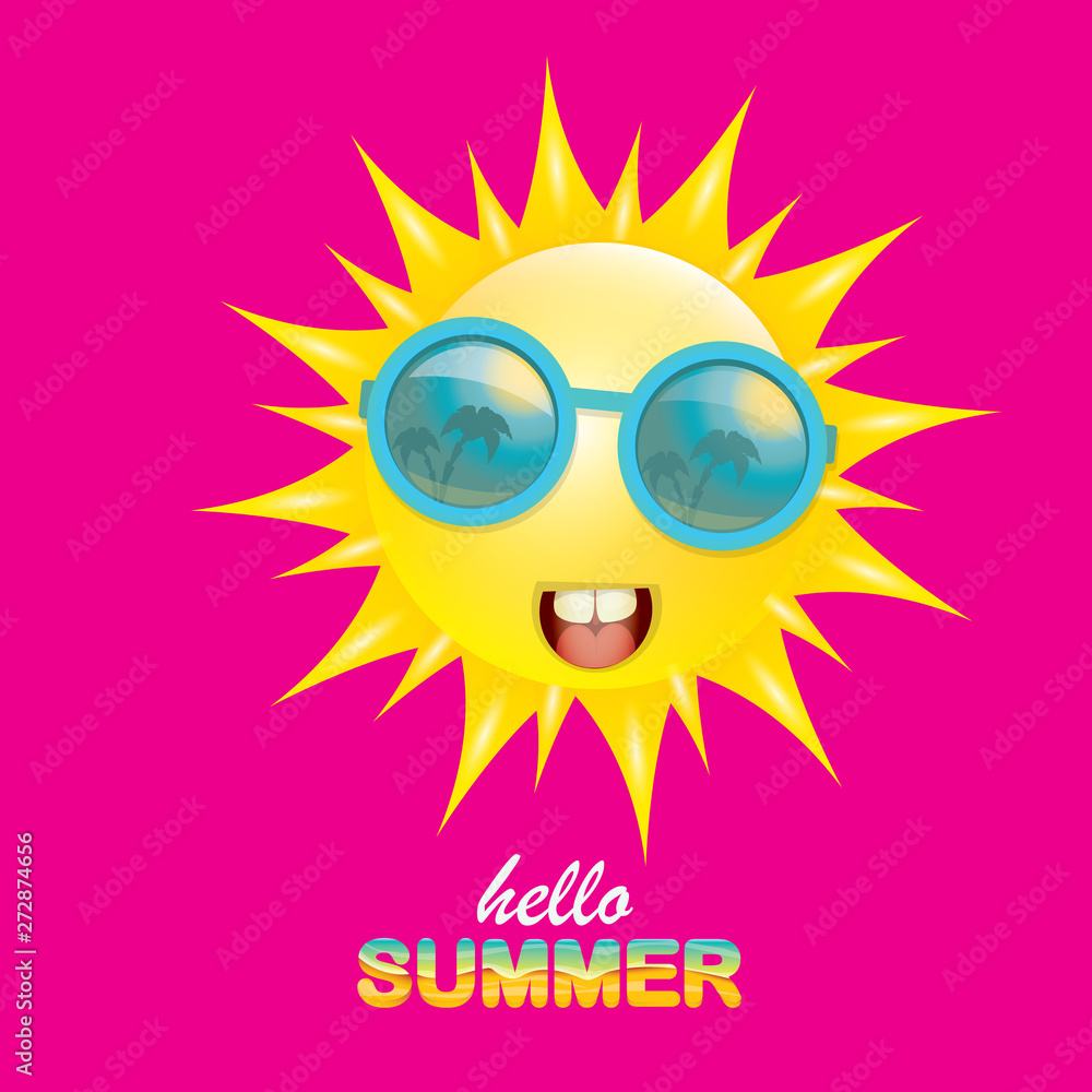 vector hello summer creative label with smiling shiny sun isolated on pink background. summer party background with funky sun character design template. vector summer icon vector hello summer creative label with smiling shiny sun isolated on pink background. summer party background with funky sun character design template. vector summer icon