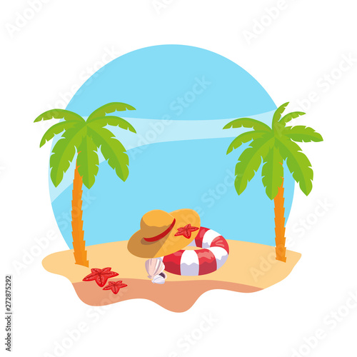 summer beach with palms and straw hat scene