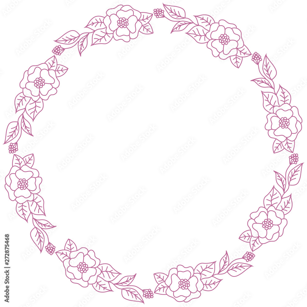 Wreath of pink flowers on a white background. Round frame for the label. Decoration for wedding cards.