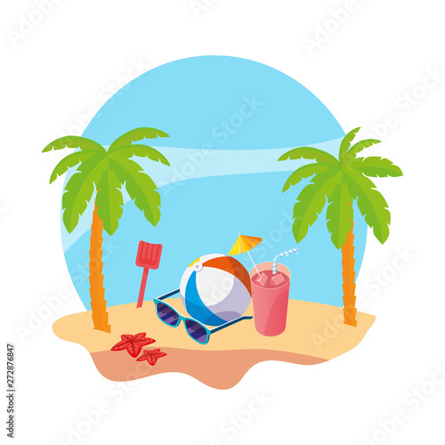 summer beach with palms and balloon toy scene