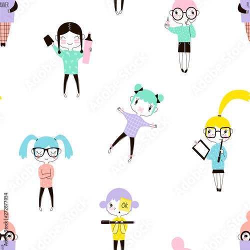Little school kids cartoon vector seamless pattern. Cute children hand drawn texture. Girls hold stationery items decorative backdrop. Elementary grade education. Wallpaper, wrapping paper flat design