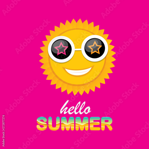 vector hello summer creative label with smiling shiny sun isolated on pink background. summer party background with funky sun character design template. vector summer icon