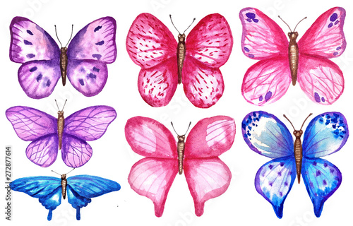 Watercolor colorful butterflies, isolated on white background. blue, pink and violet butterfly spring illustration. © Катерина Бородіна