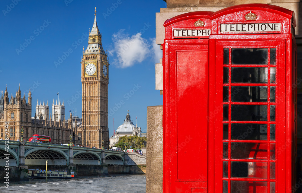 London symbols with BIG BEN, DOUBLE DECKER BUSES and Red Phone Booths in England, UK