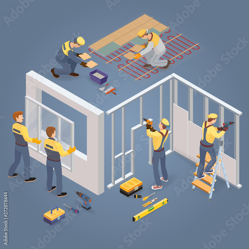 Construction or home repairs concept. Isometric Workers, tools. Vector.