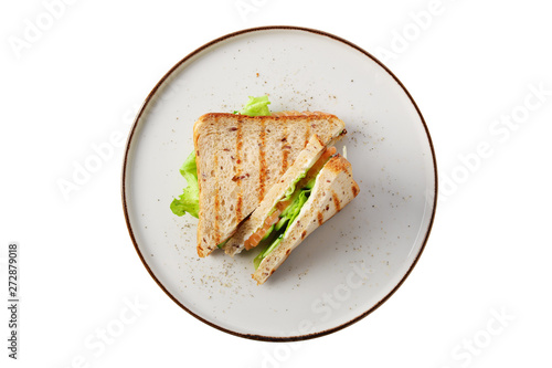 Club sandwich with salmon, cucumber, salad and cheese isolated on white