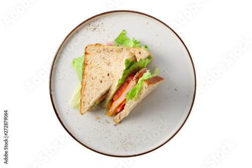 Club sandwich with ham, cucumber, salad and cheese isolated on white