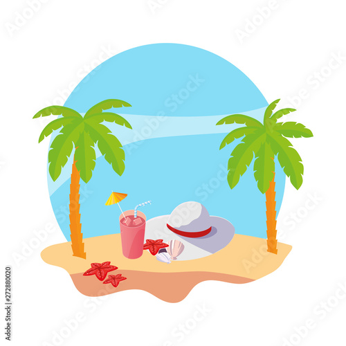 summer beach with palms and female hat scene