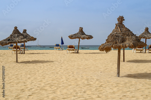 Beach with straw umbrellas and beds