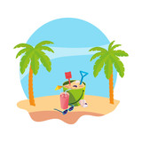 summer beach with palms and sand bucket toy scene