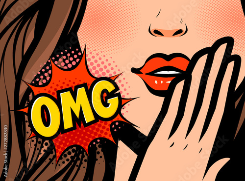 Pop art female face. Closeup of sexy young woman. OMG, vector illustration