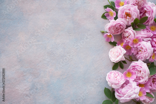 Decorative background with garden pink roses, space for text, greetings. © tachinskamarina