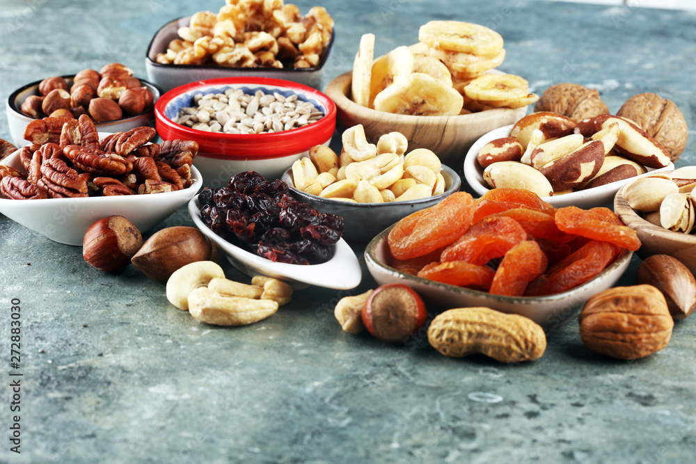 Composition with dried fruits and assorted healthy organic nuts Composition with dried fruits and assorted healthy organic nuts