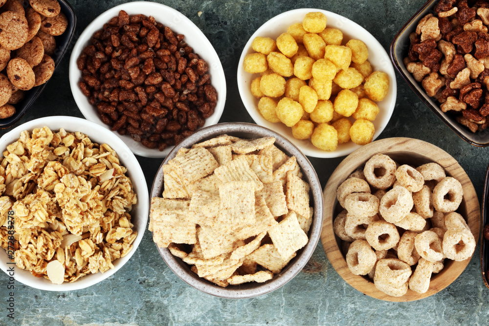 Cereal. Bowls of various cereals for breakfast. Muesli with kids cereals. Cereal. Bowls of various cereals for breakfast. Muesli with kids cereals.