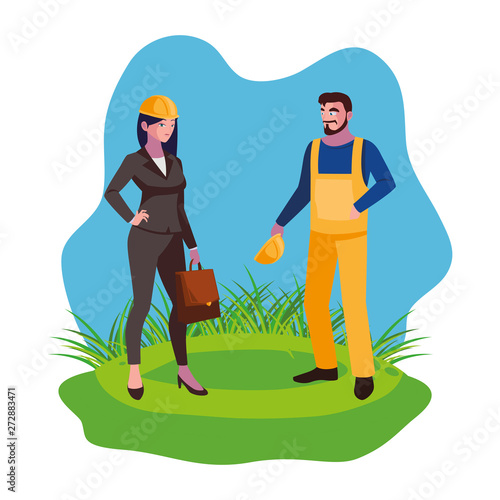 male builder constructor with woman engineer