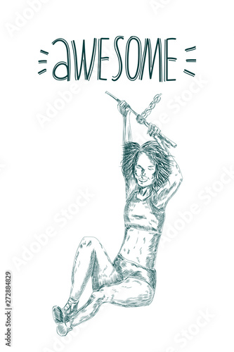 sketchy positive illustration of a young woman jumping with rope. Awesome sign on top.