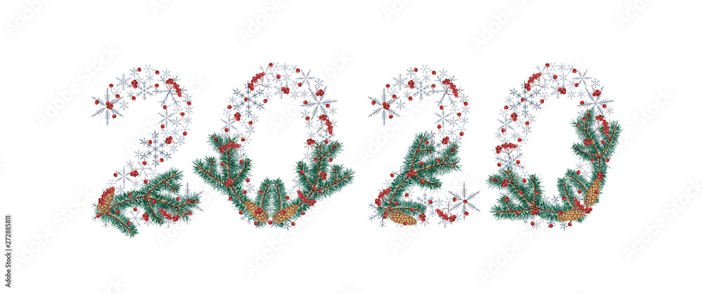Christmas inscription 2020 with fir branches, snowflakes and rowan berries. Christmas inscription 2020 with fir branches, snowflakes and rowan berries.
