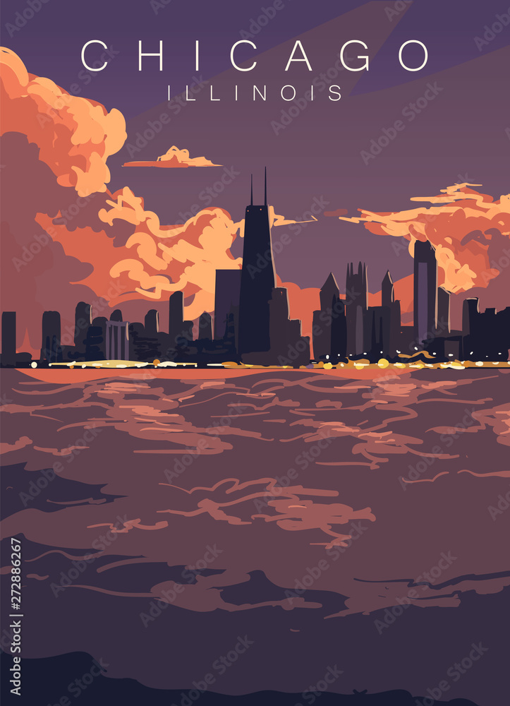 Fototapeta premium Plakat panoramę Chicago. Stany Zjednoczone, Illinois zachód słońca w ilustracji wektorowych miasta Chicago.